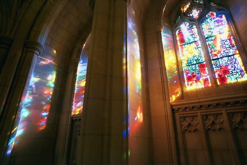 The windows in Washington National Cathedral's Glover Bay, by Rowan LeCompte, celebrate the founding of the Washington National Cathedral in the home of Charles Glover.