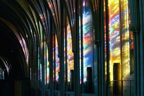 Sunlight pouring through Rowan LeCompte's windows in Washington National Cathedral's south nave clerestory, bathe the surrounding architecture in cascades of color.